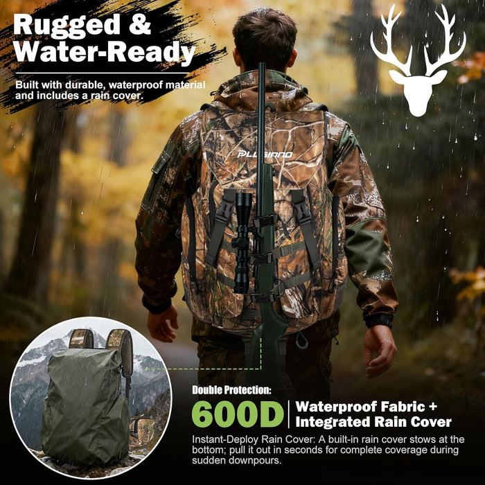 PLUSINNO Hunting Backpack for Hunting Essentials, 45L Waterproof Hunting Gear with Rain Cover, & Padded Scabbard Carry System For Deer Hunt Accessories, Hunt Gift For Men
