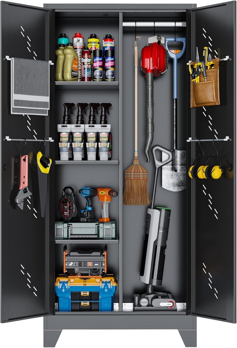 61" Broom Closet Storage Cabinet, Metal Storage Cabinet with Doors, Utility Cabinets for Brooms and Mops, Cleaning Tool Cabinets for Garage, Laundry Room, Bathroom