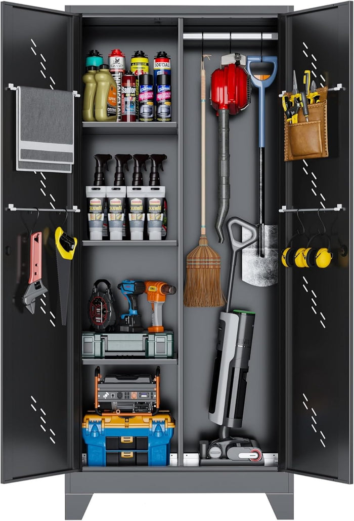 61" Broom Closet Storage Cabinet, Metal Storage Cabinet with Doors, Utility Cabinets for Brooms and Mops, Cleaning Tool Cabinets for Garage, Laundry Room, Bathroom