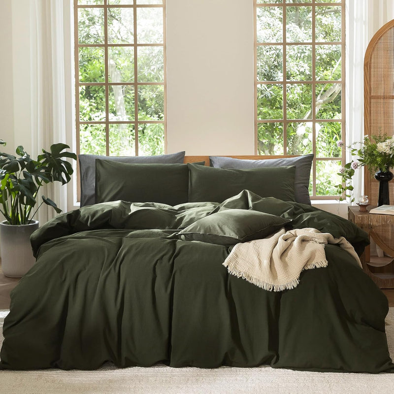 MooMee Bedding Duvet Cover Set 100% Washed Cotton Linen Like Textured Breathable Durable Soft Comfy (Heathered Green, Oversized Queen 98"x98")