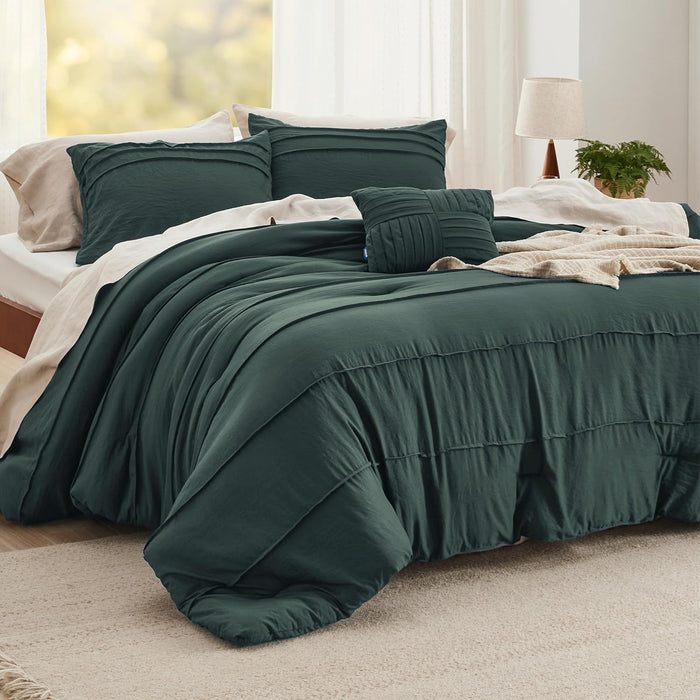 Bedsure Queen Comforter Set - 4 Pieces Pinch Pleat Bed Set, Beige Boho Bedding for All Season, 1 Soft Comforter, 2 Pillowcases, 1 Decorative Pillow