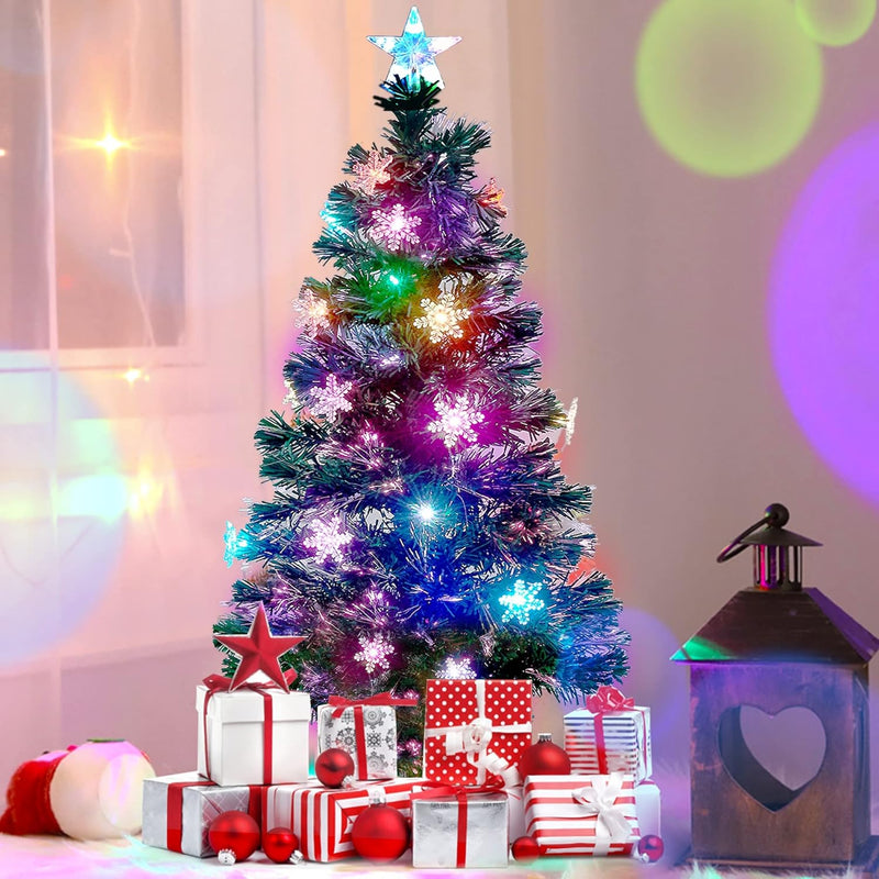 Juegoal 7 ft Pre-Lit Optical Fiber Christmas Artificial Tree, with LED RGB Color Changing Led Lights, Snowflakes and Top Star, Festive Party Holiday Fake Multicolor Xmas Tree with Sturdy Metal Legs