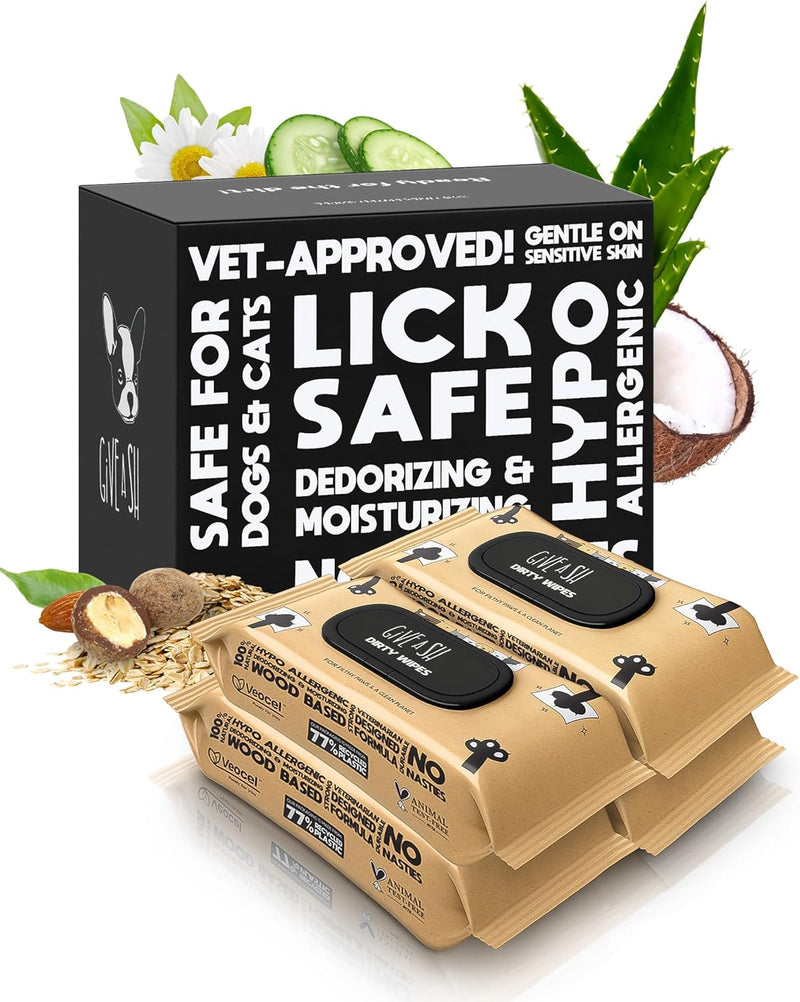 Lick-Safe Pet Wipes for Dogs & Cats - Vet-Approved & Hypoallergenic - Cleans Mud, Odors & Dander - Wipes for Paws, Face & Butt - 10% to Charity - Earth-Friendly & Unscented Cat Cleaning - Pack of 100
