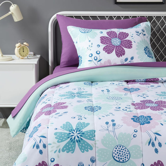 Amazon Basics Kid's Soft, Easy Care Microfiber Bed-in-a-Bag 5-Piece Bedding Set, Twin, Butterfly Friends