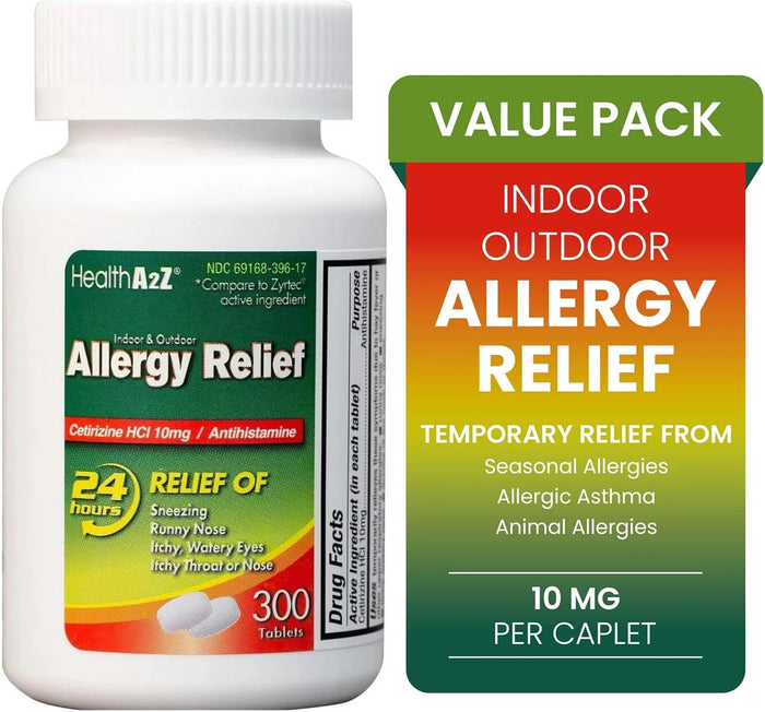 HealthA2Z® Allergy Relief | Cetirizine 10mg | All Day Allergy Relief | Indoor & Outdoor | Relief from Itchy Throat, Sneezing, Runny Noses (300 Count (Pack of 1))