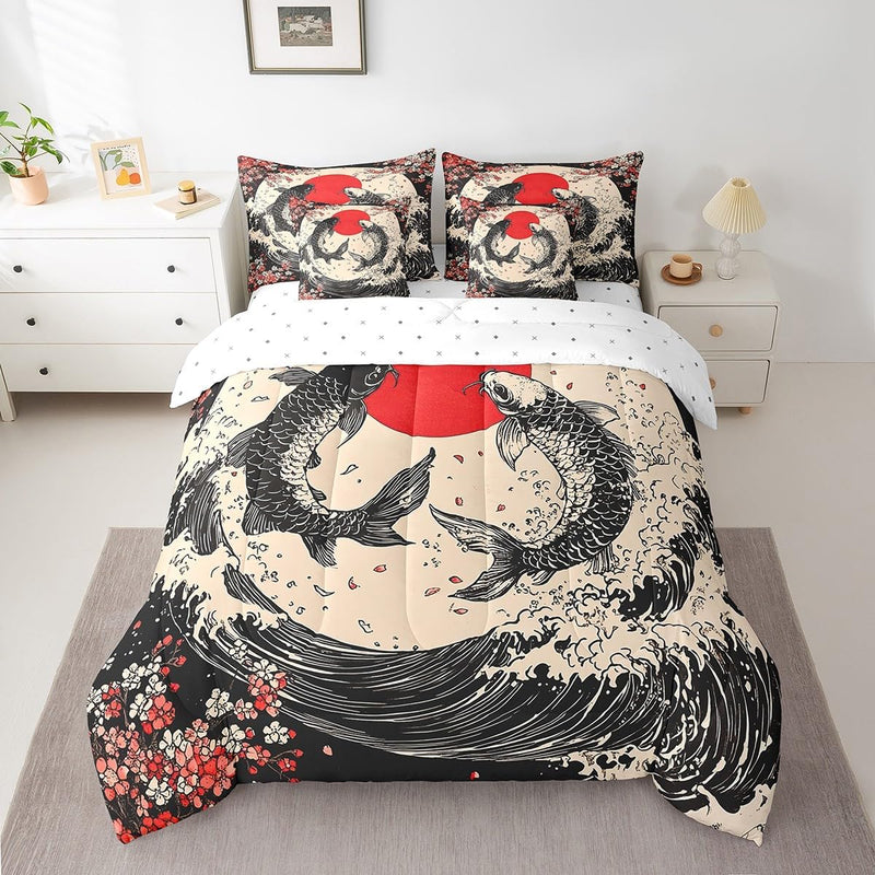 Feelyou Cherry Blossoms Bed Set for Kids Boys Girls Twin Size Sakura Flower 7 Pieces Beeding Set Ultra Soft Japanese-Style Bed in a Bag with Comforter, Sheets, Pillowcases Floral Botanical Room Decor