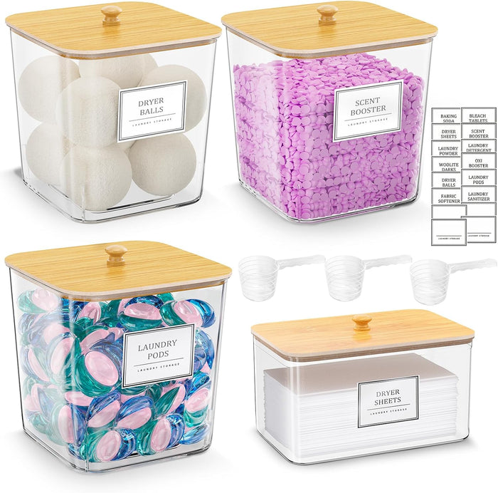 Laundry Pods Storage Container, Clear Laundry Room Organization and Storage ,Detergent Powder Container,with Wooden Lids & Labels, 3+1 Pack