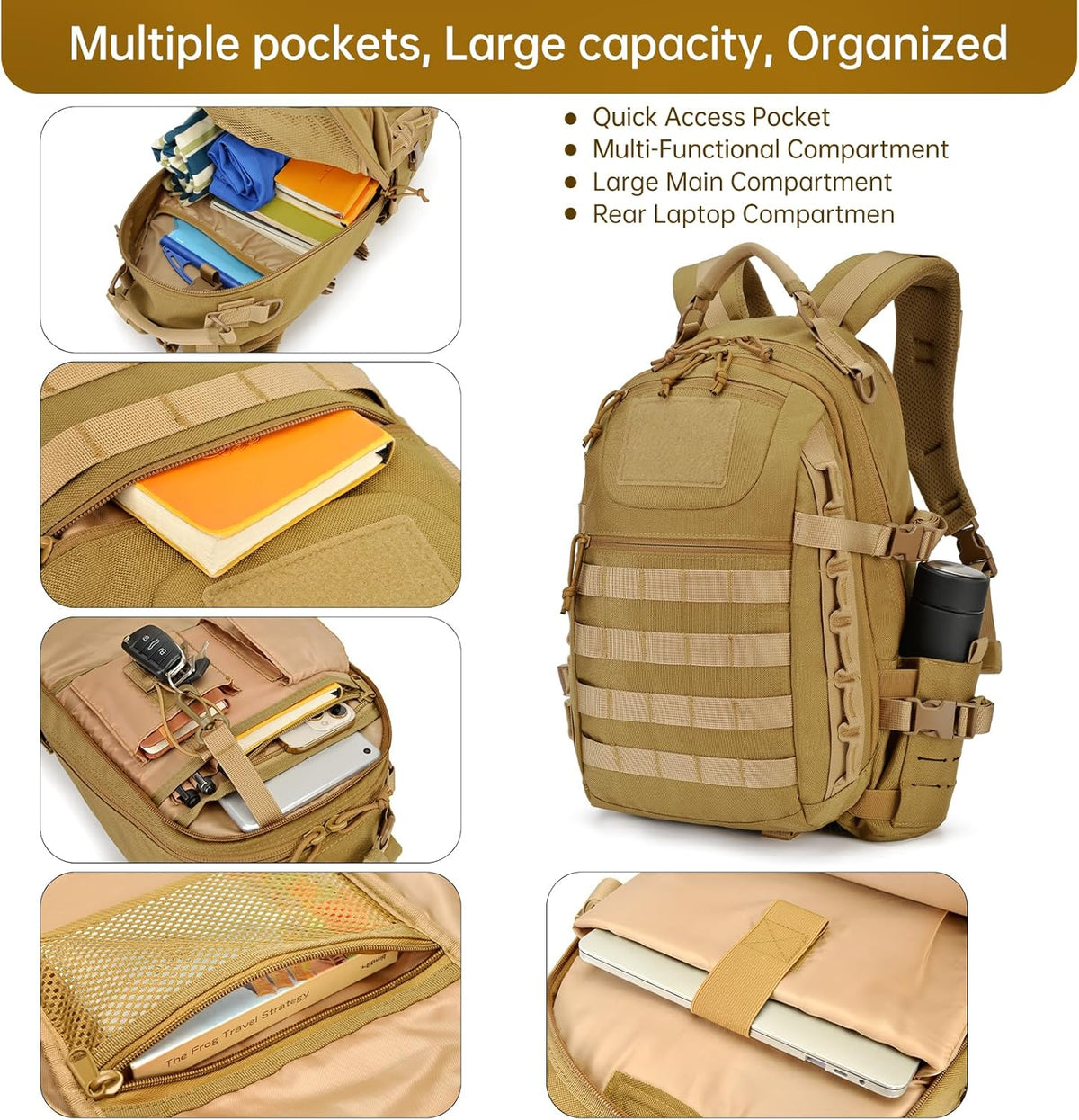 Tactical Backpack for Men: 27L Lightweight Assault Pack,Waterproof and MOLLE System,For Camping, Hiking Daypack in Khaki