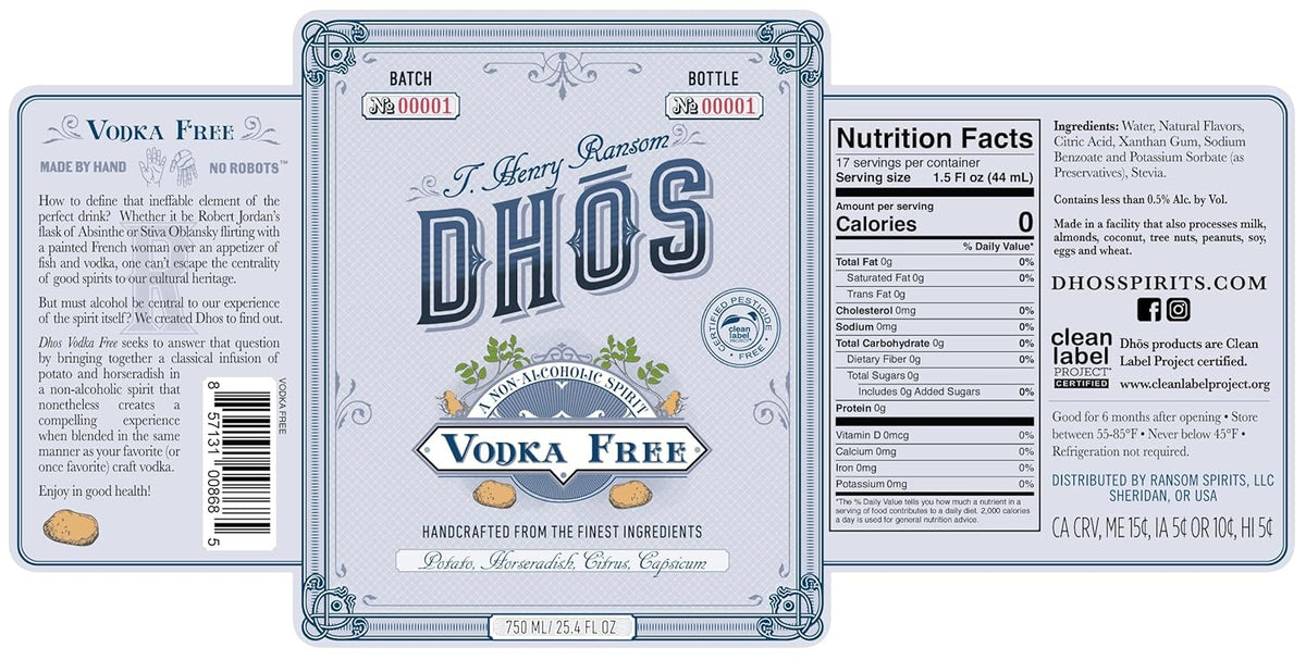 DHOS Non-Alcoholic Vodka – Sugar-Free, Zero-Calorie Spirit for Cocktails & Mocktails | Distilled Non-Alcoholic Alternative | Gluten-Free, Keto-Friendly, 750ml