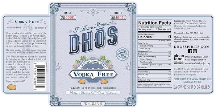 DHOS Non-Alcoholic Vodka – Sugar-Free, Zero-Calorie Spirit for Cocktails & Mocktails | Distilled Non-Alcoholic Alternative | Gluten-Free, Keto-Friendly, 750ml