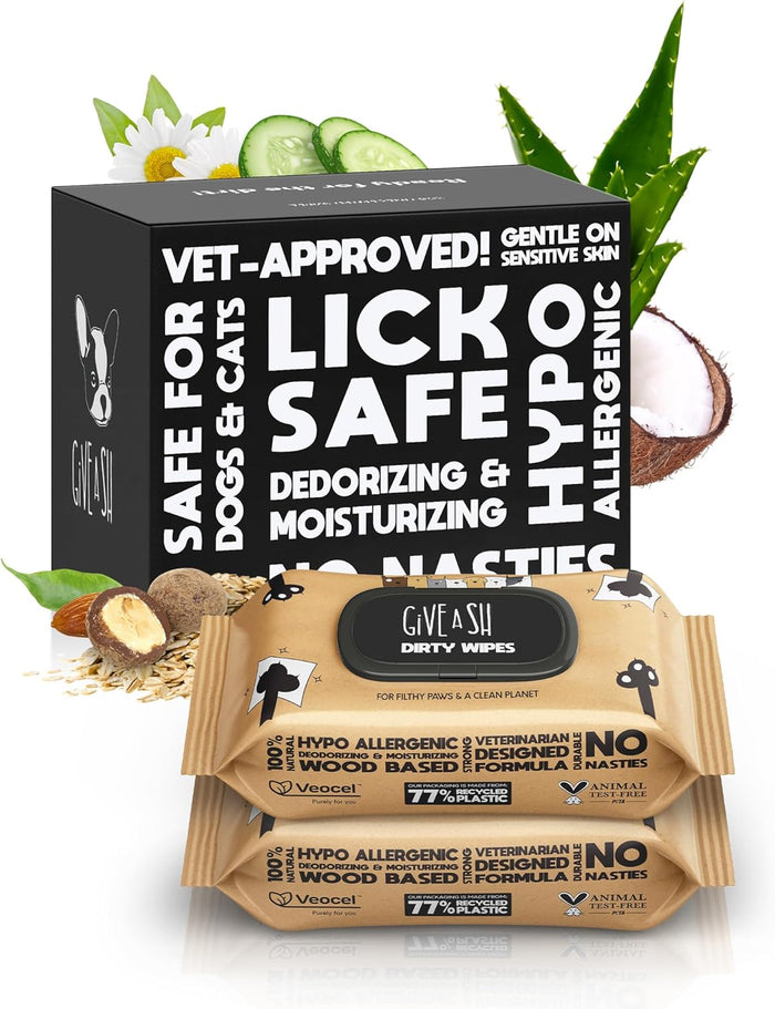 Lick-Safe Pet Wipes for Dogs & Cats - Vet-Approved & Hypoallergenic - Cleans Mud, Odors & Dander - Wipes for Paws, Face & Butt - 10% to Charity - Earth-Friendly & Unscented Cat Cleaning - Pack of 100