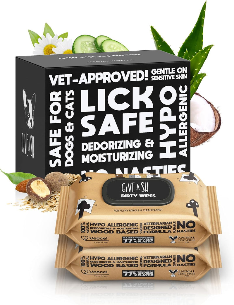 Lick-Safe Pet Wipes for Dogs & Cats - Vet-Approved & Hypoallergenic - Cleans Mud, Odors & Dander - Wipes for Paws, Face & Butt - 10% to Charity - Earth-Friendly & Unscented Cat Cleaning - Pack of 100
