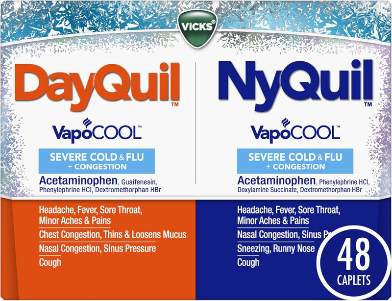 VICKS DayQuil & NyQuil SEVERE Co-Pack, Cold & Flu Medicine, Powerful Relief for Headache, Fever, Sore Throat, Minor Aches & Pains, Congestion, Sinus Pressure, Stuffy Nose, and Cough, 48 LiquiCaps