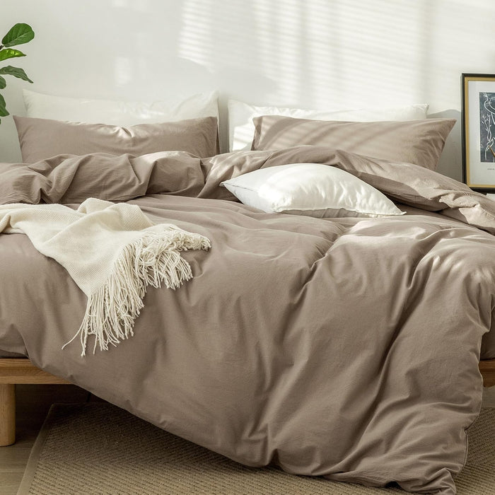 MooMee Bedding Duvet Cover Set 100% Washed Cotton Linen Like Textured Breathable Durable Soft Comfy (Heathered Greyish Pink, Full 80"x90")