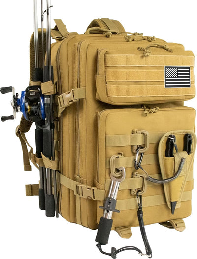 Large 45L Tactical Fishing Tackle Backpack with Removable Plier Holder & Rod Holders Storage Fishing Gear and Equipment Tackle Bag Hiking Backpack without Tackle Boxes Khaki