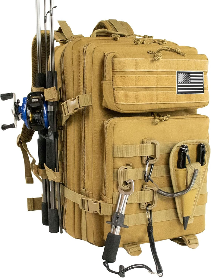 Large 45L Tactical Fishing Tackle Backpack with Removable Plier Holder & Rod Holders Storage Fishing Gear and Equipment Tackle Bag Hiking Backpack without Tackle Boxes Khaki