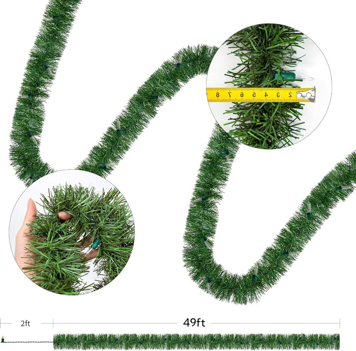 WATERGLIDE 49FT Lighted Christmas Green Garland with 100 Count Clear String Lights, Pre-lit Long Artificial Greenery Garlands, Plug in Holiday Decorative Lights for Indoor Outdoor Decor