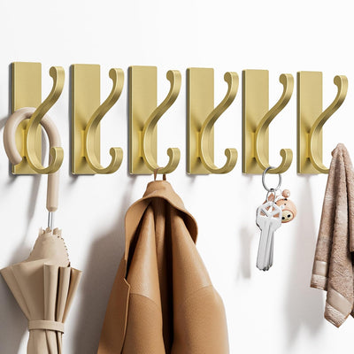 6 Pack Self Adhesive Coat Hooks - Gold Wall Hooks Wall Mount for Clothes, Towel, Robes, Keys, Purse, Backpack, Heavy Duty Hooks for Door Kitchen Bathroom Shower Rental Houses, Hold 13lbs.