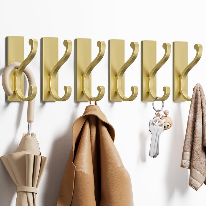 6 Pack Self Adhesive Coat Hooks - Gold Wall Hooks Wall Mount for Clothes, Towel, Robes, Keys, Purse, Backpack, Heavy Duty Hooks for Door Kitchen Bathroom Shower Rental Houses, Hold 13lbs.