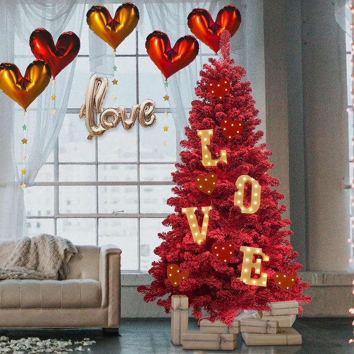 KI Store Flocked Red Christmas Tree 6ft Artificial Xmas Tree with Flocking Red Snow Unlit for Voluntines Day Xmas Decor
