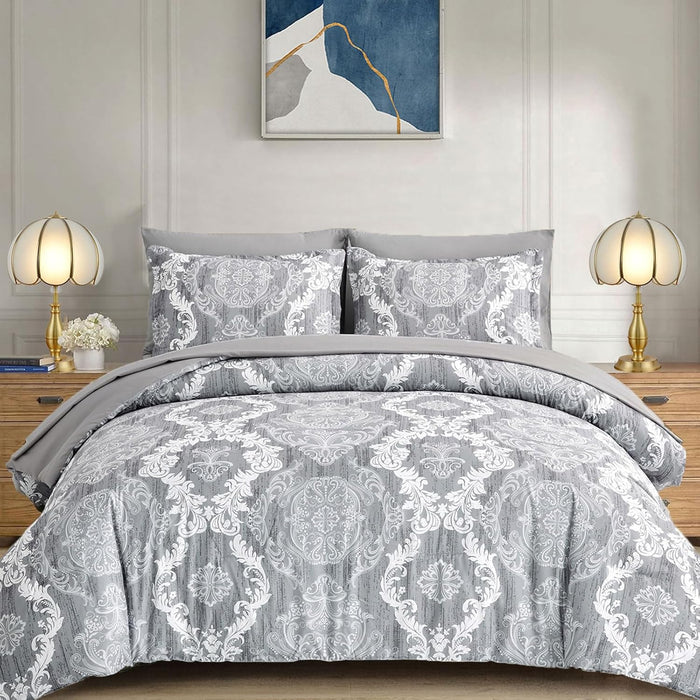 WONGS BEDDING Black Comforter Set Queen Size, Gold Damask Texture 7 Pieces Bed in a Bag Microfiber Comforter Bedding Sets -1 Comforter, 1 Flat Sheet, 1 Fitted Sheet, 2 Pillow Shams, 2 Pillowcases