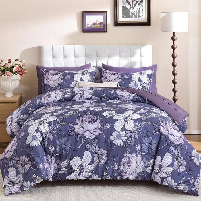 Luxudecor King Comforter Set 7 Pieces Bedding Sets,Black Pink Floral Comforter and Sheet Set,Soft Microfiber Bed in a Bag for All Seasons (Black Pink,104"x90")
