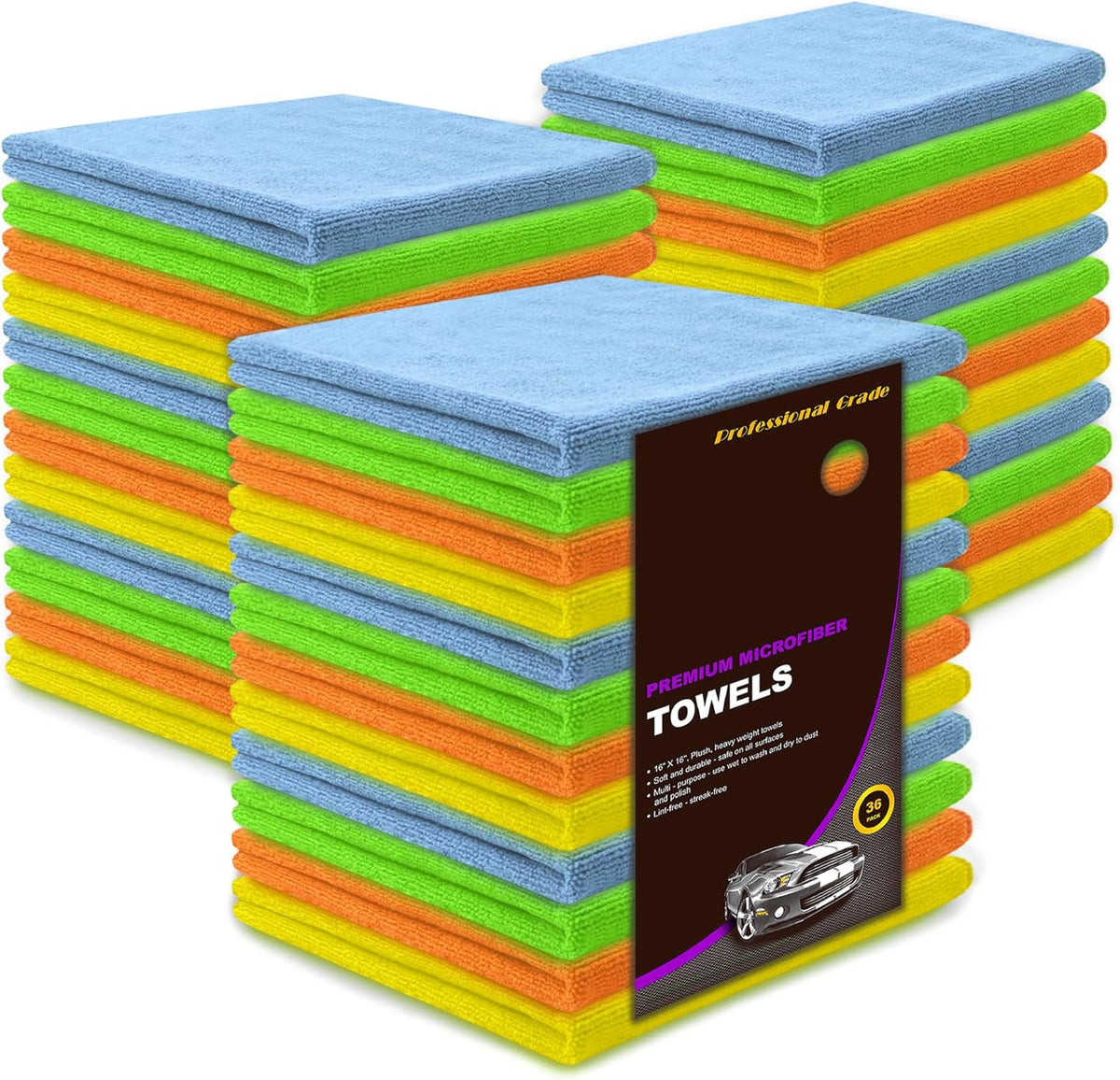 Blue Horizon Microfiber Cleaning Towels, 36-Pack Reusable Shop Towels, Ultra Soft Plush Wash-Cloths, Microfiber Detailing Cleaning Cloths for Car, Household and Commercial (Black, 16" x 16")