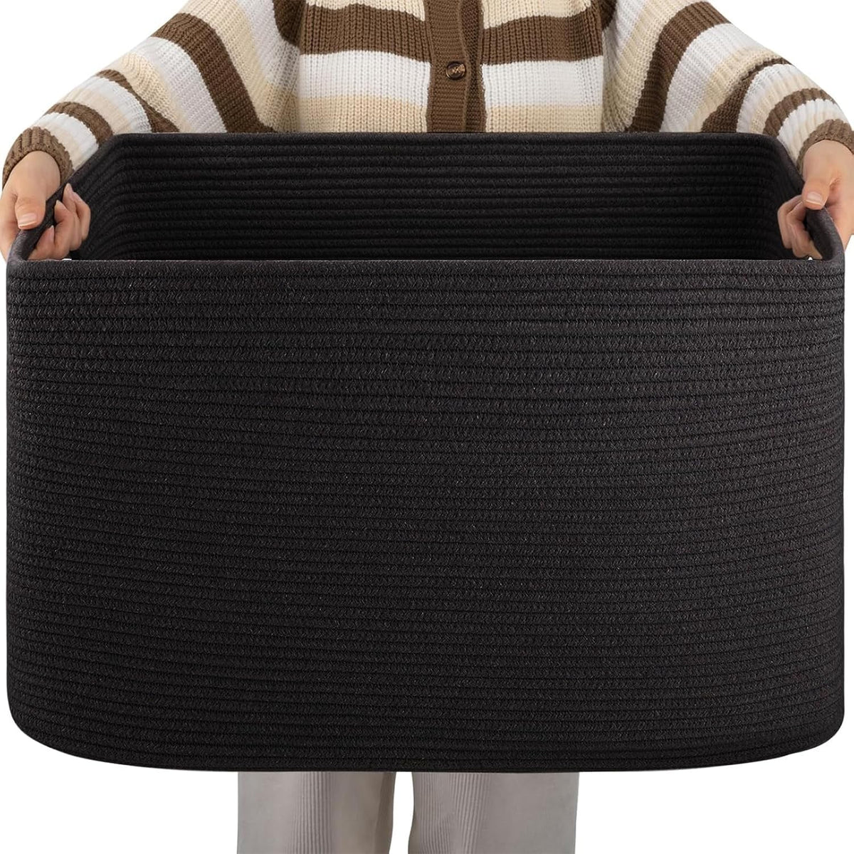 OIAHOMY 75L Large Woven Cotton Rope Storage Basket with Handle for Organizing Blanket and Toys for Living Room, Nursery, Brown Variegated 22”x17”x12”