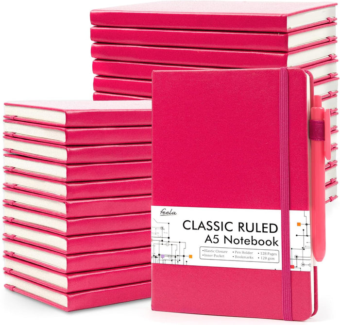 24 Pack Journal Notebook for Work, Feela Business Notebook Bulk Hardcover Lined Writing Journal with Pen Holder for Men Women Note Taking, with 24 Black Pens, 120 GSM, 5.1”x8.3”, A5, Emerald