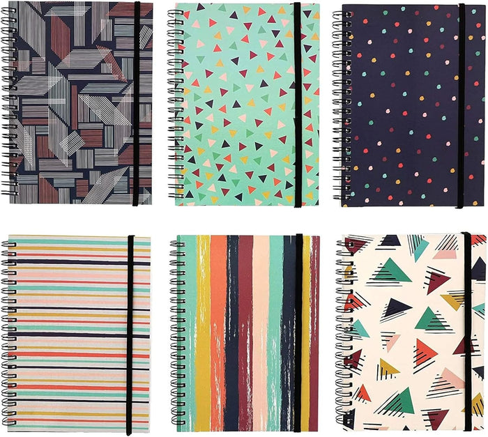 Paper Junkie 6 Pack 5x7 Spiral Notebooks with Pocket - Small Lined Journals with Elastic Closure for School, Work (6 Designs)