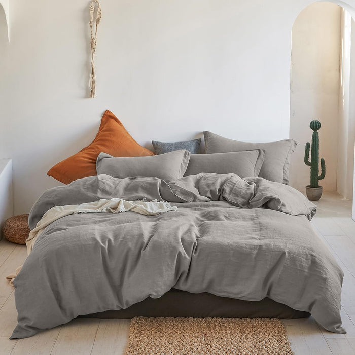 Simple&Opulence 100% Linen Duvet Cover Set 3pcs Basic Style Natural French Washed Flax Solid Color Soft Breathable Farmhouse Bedding with Button Closure - Linen, King