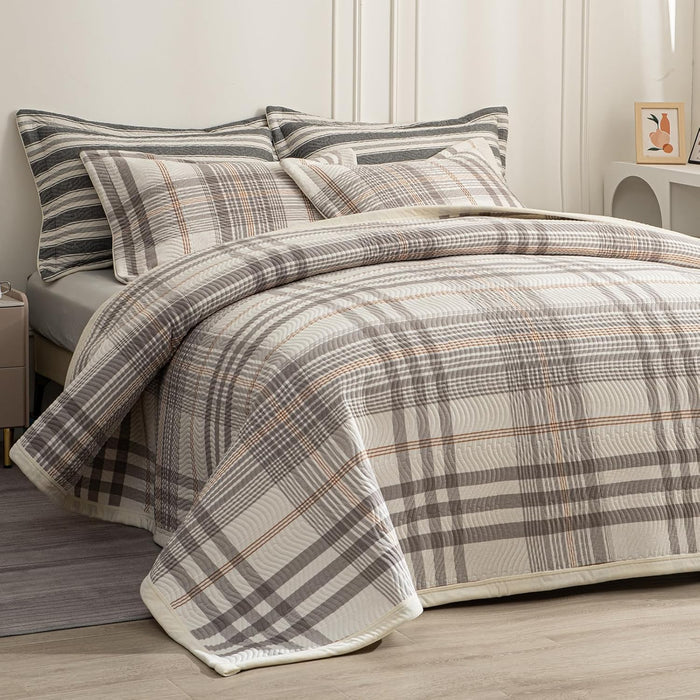 Cotton Plaid Quilt Set, Ultra Soft 3 Pieces Queen Size Bedding with 2 Pillow Shams, Lightweight Reversible Coverlet Bedspread with Wave Quilting for Summer, 90"x96", Grid-Beige Blue