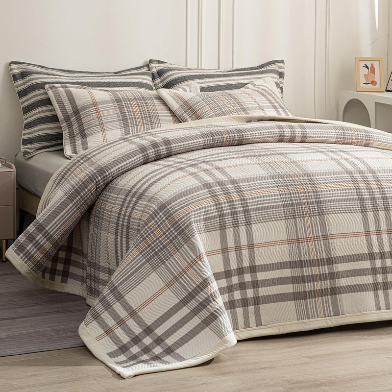 Cotton Plaid Quilt Set, Ultra Soft 3 Pieces Queen Size Bedding with 2 Pillow Shams, Lightweight Reversible Coverlet Bedspread with Wave Quilting for Summer, 90"x96", Grid-Beige Blue