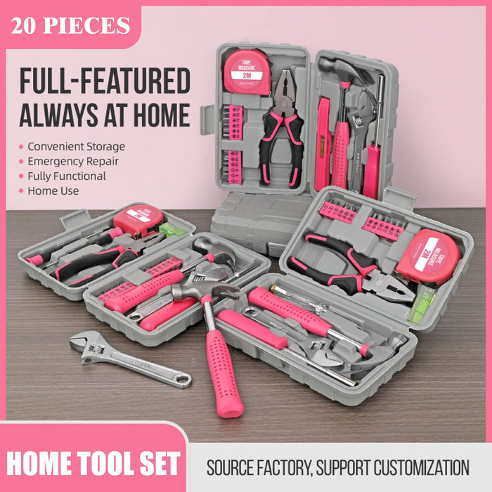 20 Pieces Home Tool Set, Basics Household Tool Kit with Small Mini Carrying Box for Men and Women DIY (Pink)
