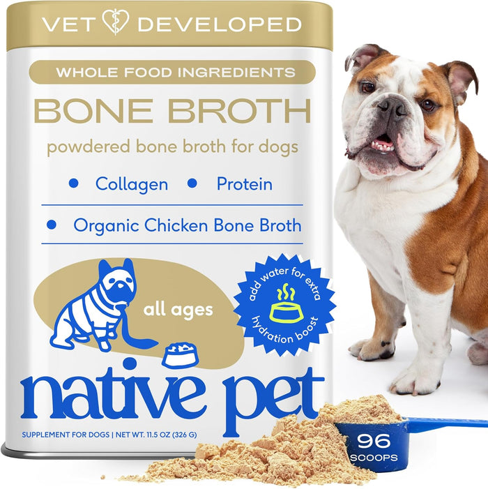 Native Pet Bone Broth for Dogs - Made with Real Beef Bone Broth, Dog Food Toppers for Picky Eaters - Provides Extra Hydration & Nutrition for Joint Strength, Immunity & Heart Health-48 Scoops