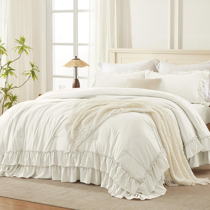 Andency Beige Full Size Comforter Set, 3 Pieces Farmhouse Shabby Chic Ruffle Comforter, Soft Lightweight Fluffy All Season Microfiber Bedding Comforter Set for Kids, Girls, Women