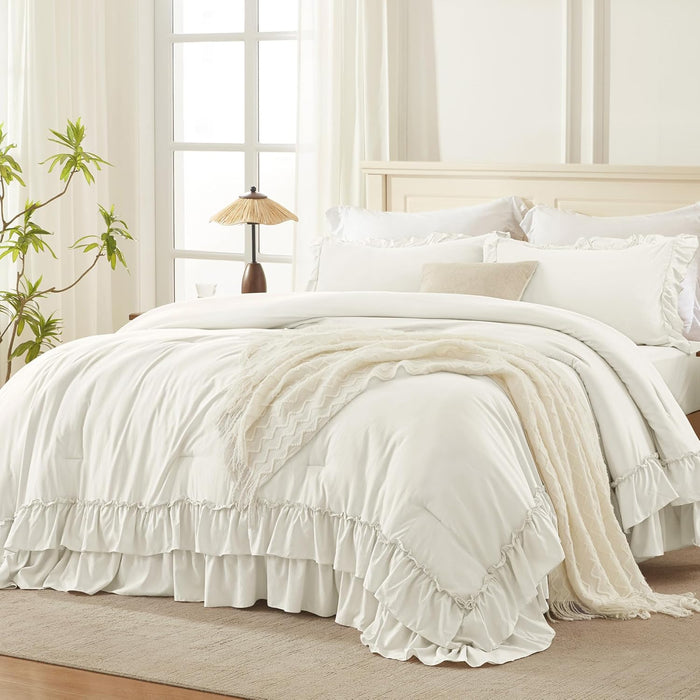 Andency White Comforter Set Queen Size, Lightweight Fluffy Farmhouse White Ruffle Bedding Set, Soft Microfiber All Season Shabby Chic Bed Comforter Set 3 Pieces(1 Ruffle Comforter 2 Pillowcases)