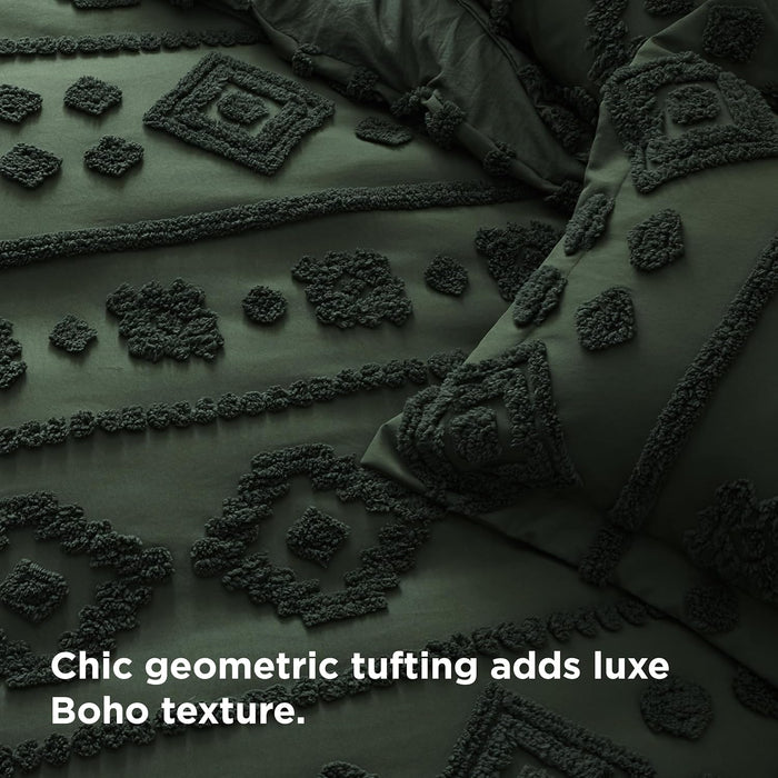 Bedsure Boho Duvet Cover King - Dark Green Tufted Boho Bedding, Farmhouse Shabby Chic Embroidery Bedding for All Seasons, 3 Pieces, 1 Soft Jacquard King Comforter Cover and 2 Pillow Shams