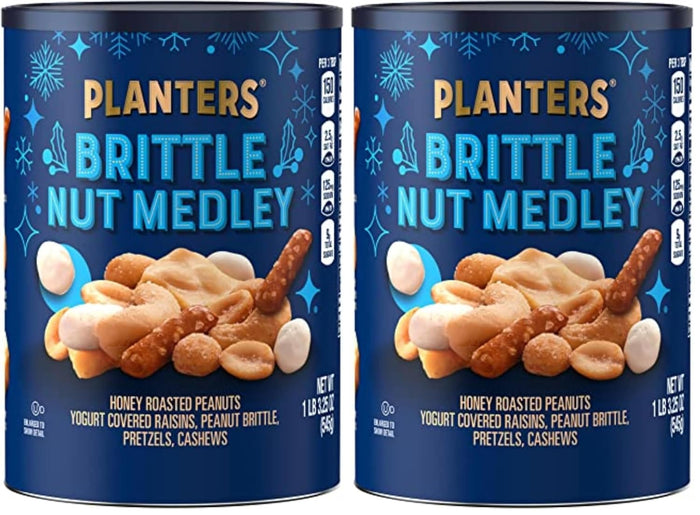 PLANTERS Holiday Brittle Nut Medley Trail Mix Snack with Honey Peanuts, Yogurt Raisins, Peanut Brittle, Pretzels & Cashews, Holiday Snack, Party Nut Mix, 1 lb. Canister