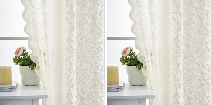 ALIGOGO Burgundy Curtains 84 Inches Long 2 Panels, Cottage Lace Sheer Maroon Curtains for Living Room, Farmhouse Rod Pocket Privacy Floral Scalloped Edges Burgundy Drapes, 52W x 84L Inch