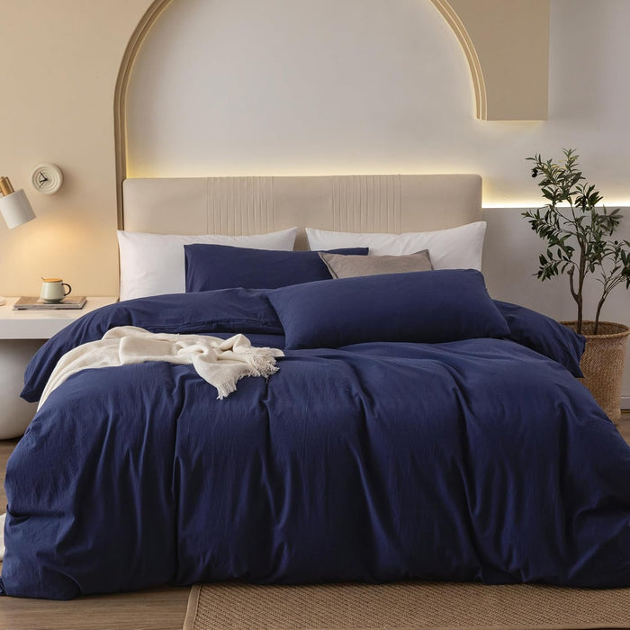 JIYUAN 100% Washed Cotton Duvet Cover Set 3 Pieces Queen, 1 Duvet Cover 90x90 Inches(Comforter Not Included) and 2 Pillowcases,Linen Feel Bedding Set Comfy and Breathable, Heathered Green