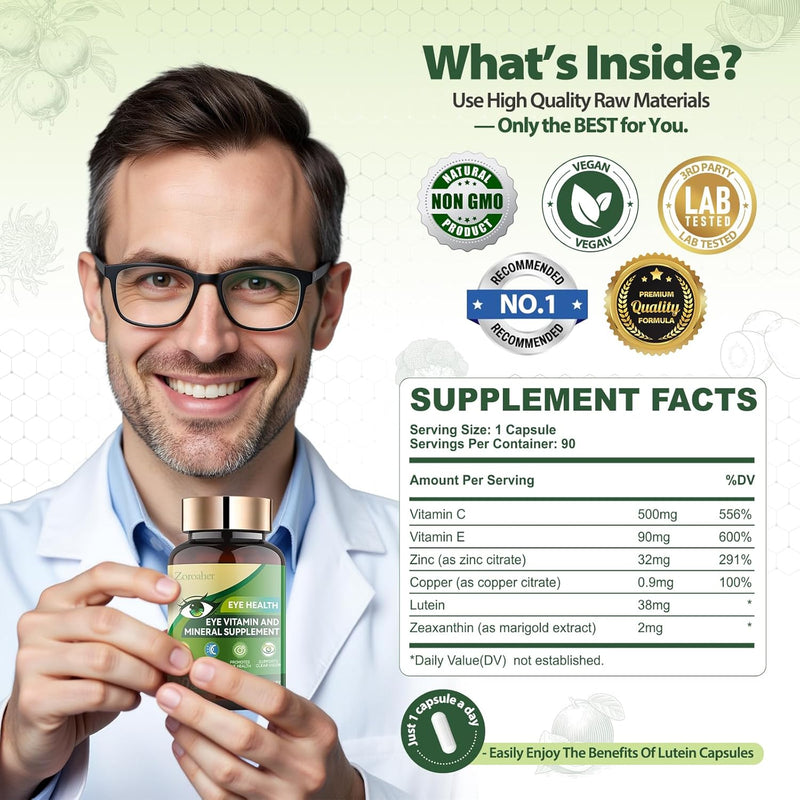 Advanced Eye Vitamins and Mineral Supplement with Lutein & Zeaxanthin + Zinc, Vitamin C & E - Supports Vision, Macular Health & Eye Health - 90 Count