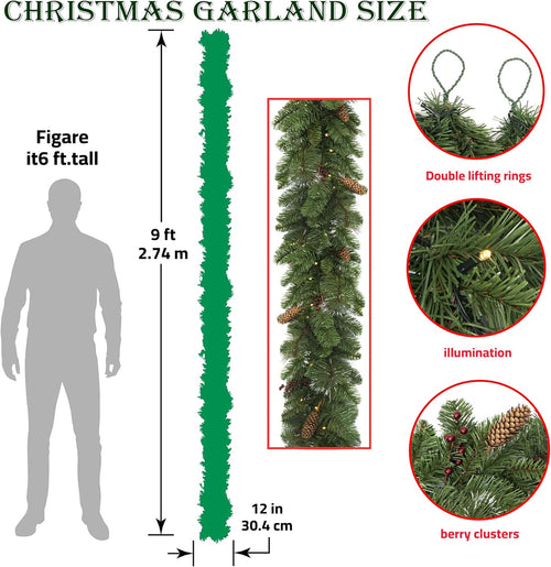 9 Feet Artificial Christmas Garland - Christmas Decorations - Carolina Pine Garland for Table,Mantle,Fireplace Indoor Outdoor-Garland for Christmas Decorations - Holiday Decor -Free Battery LED Lights