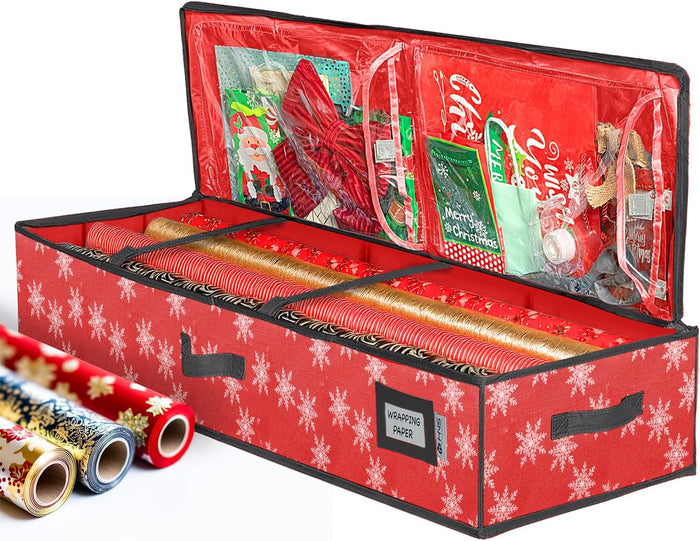HOLDN’ STORAGE Premium Wrapping Paper Storage Container - Durable 600D Tear-Proof, Fits 27 Rolls Gift Wrap, Extra Pockets for Ribbons & Bows, Underbed Storage - Ideal for Holiday Christmas, Gray