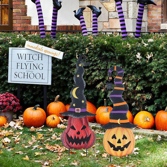YEAHOME Halloween Decorations Outdoor, 2 Pack Metal Pumpkin Garden Stakes with Witch Hats for Halloween Decor, Jack o' Lantern Pumpkin Yard Signs for Outside Garden Lawn Patio Party Decorations