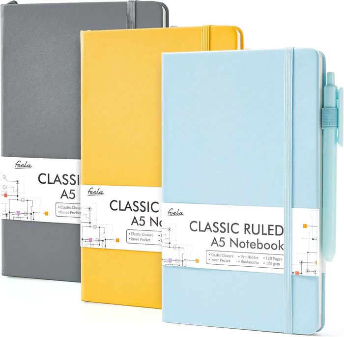 feela 3 Pack Notebooks Journals Bulk with 3 Black Pens, A5 Hardcover Notebook Classic Ruled Lined Journal Set with Pen Holder for Work Business Journaling Note Taking, 120 GSM, 5.1”x8.3”, Gray