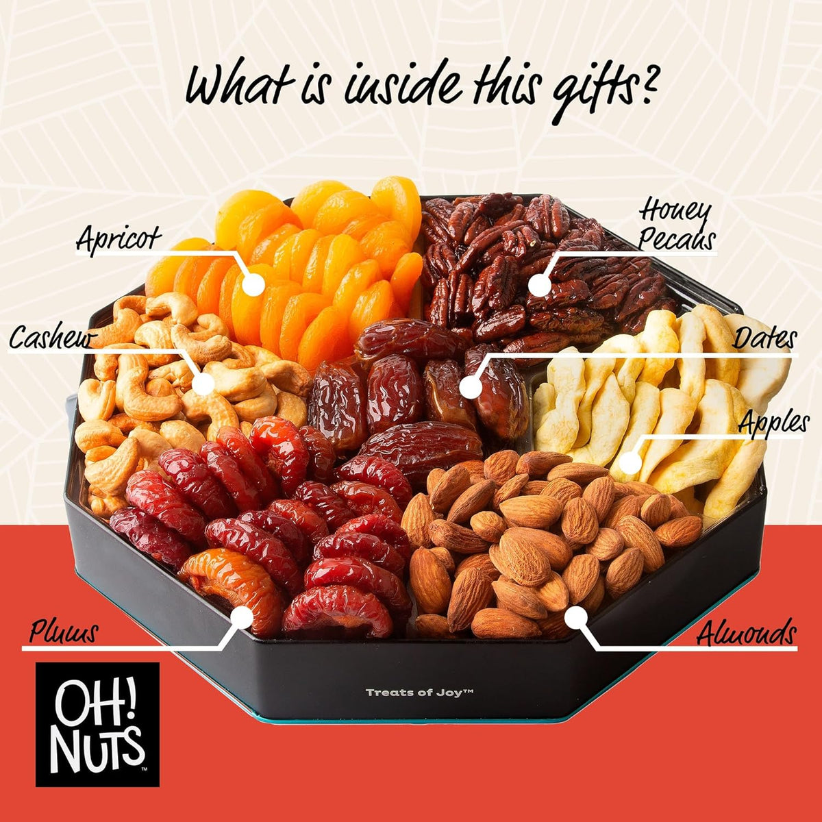 Oh! Nuts 7 Section Dried Fruits and Nuts Gift Basket - Gourmet Assorted Fruit & Nut Gifts Baskets - Healthy Food Hexagon Metal Tin Box - Festive Gifts for Holiday, Birthday, Corporate Women & Men