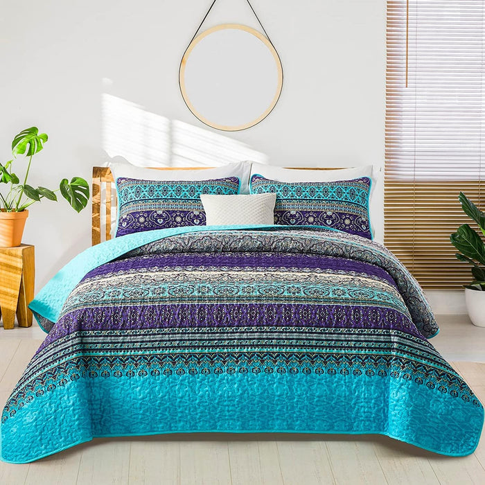 WONGS BEDDING Boho Fall Queen Quilt Set, Blue and Orange Bohemian Queen Quilt Bedding Set, Lightweight Microfiber Bed Decor Bedspread for All Season 96"x90"(3 Pieces)