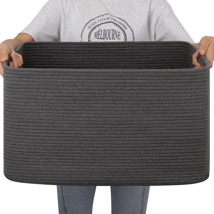 OIAHOMY 75L Large Woven Cotton Rope Storage Basket with Handle for Organizing Blanket and Toys for Living Room, Nursery, Brown Variegated 22”x17”x12”