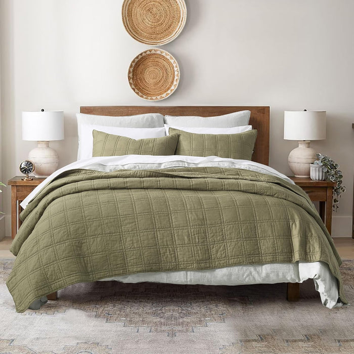 HORIMOTE HOME 100% Cotton Quilt Set Queen Size, Charcoal Pre-Washed Bedspreads Coverlet Set in Geometric Pattern, Cozy Lightweight Stitching Decorative Bedding Cover with 2 Shams for All Season